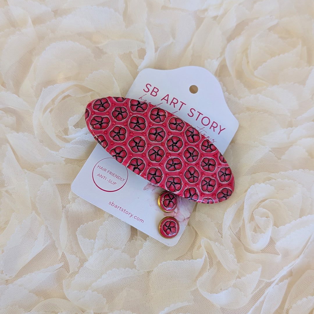 Red Floral - Hair Clip&Earrings