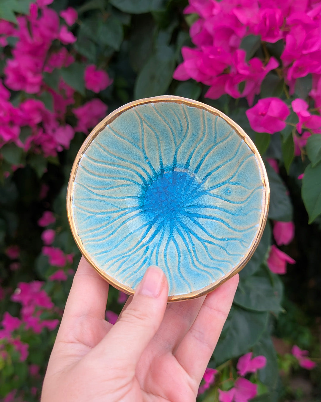 Handmade Ceramic Dish with Gold Dots Design
