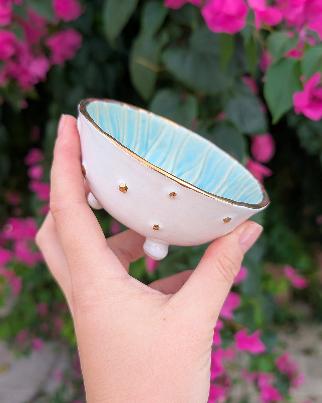 Handmade Ceramic Dish with Gold Dots Design