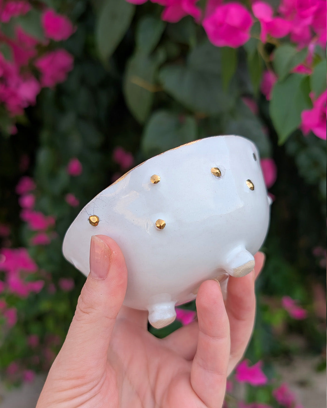 Handmade Ceramic Dish with Gold Dots Design