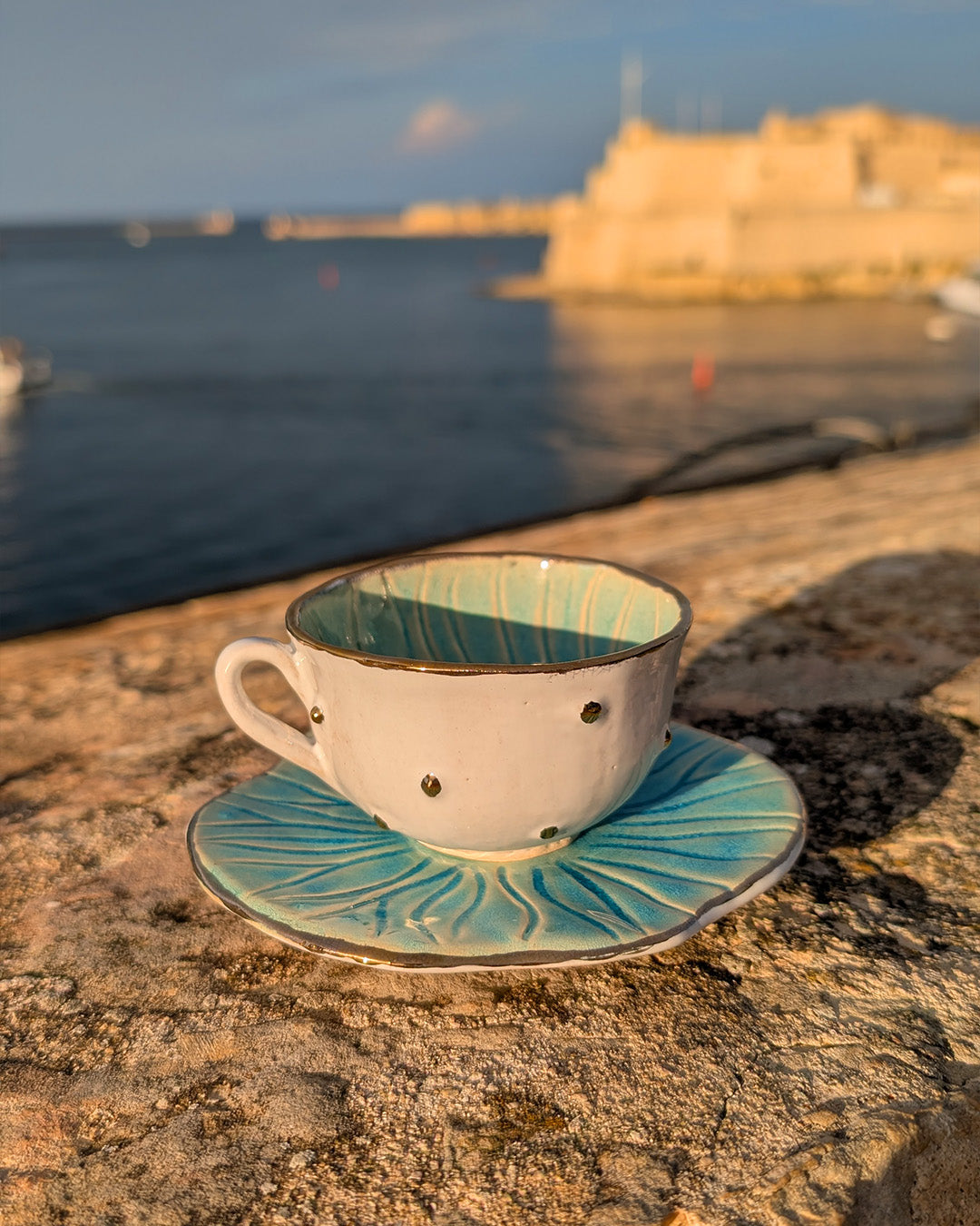 Handmade Ceramic Tea Cup & Saucer with Gold Luster