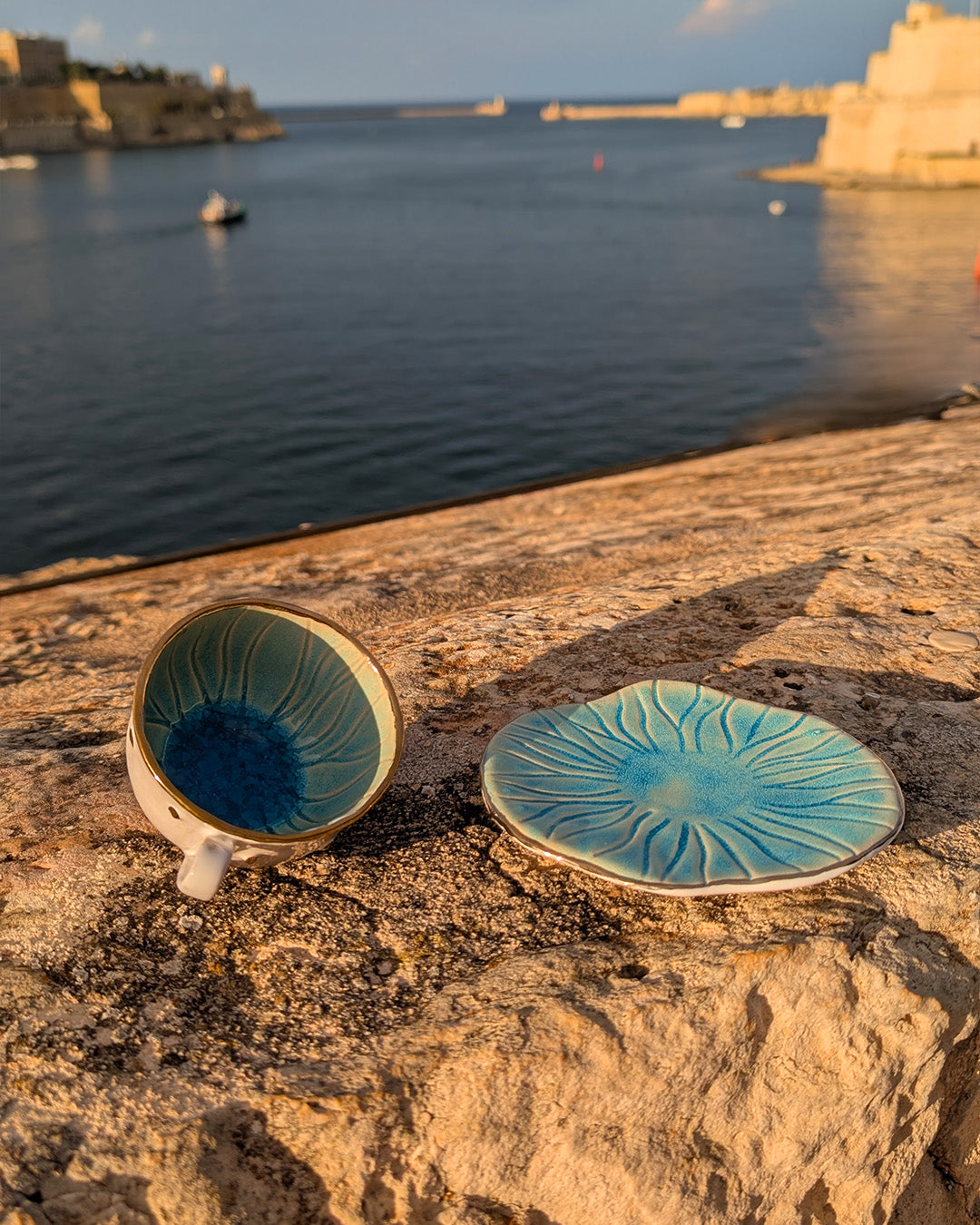 Handmade Ceramic Tea Cup & Saucer with Gold Luster
