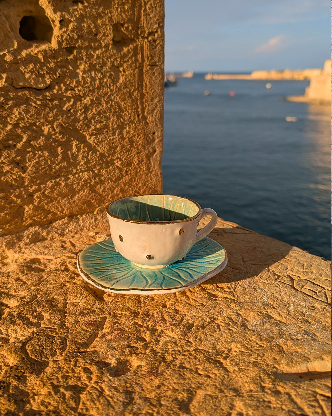 Handmade Ceramic Tea Cup & Saucer with Gold Luster