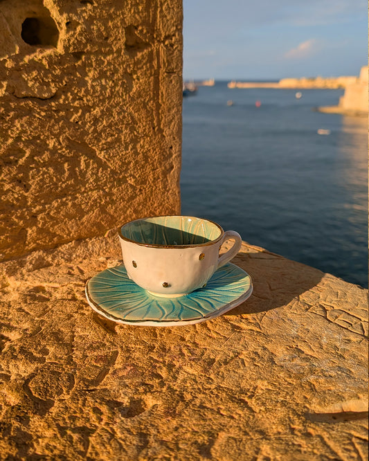 Handmade Ceramic Tea Cup & Saucer with Gold Luster