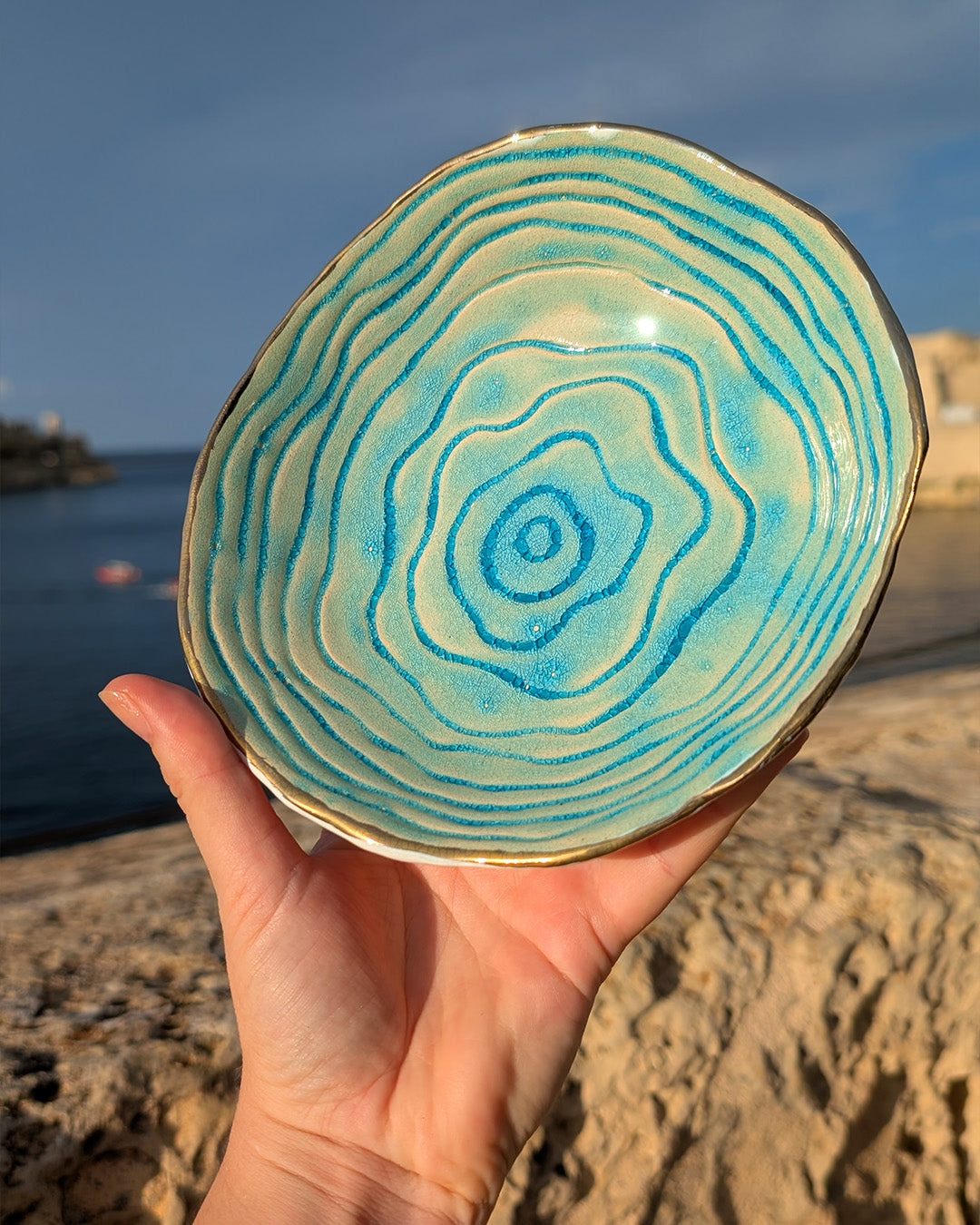 Handmade Ceramic Dish with Gold Luster on Three Legs