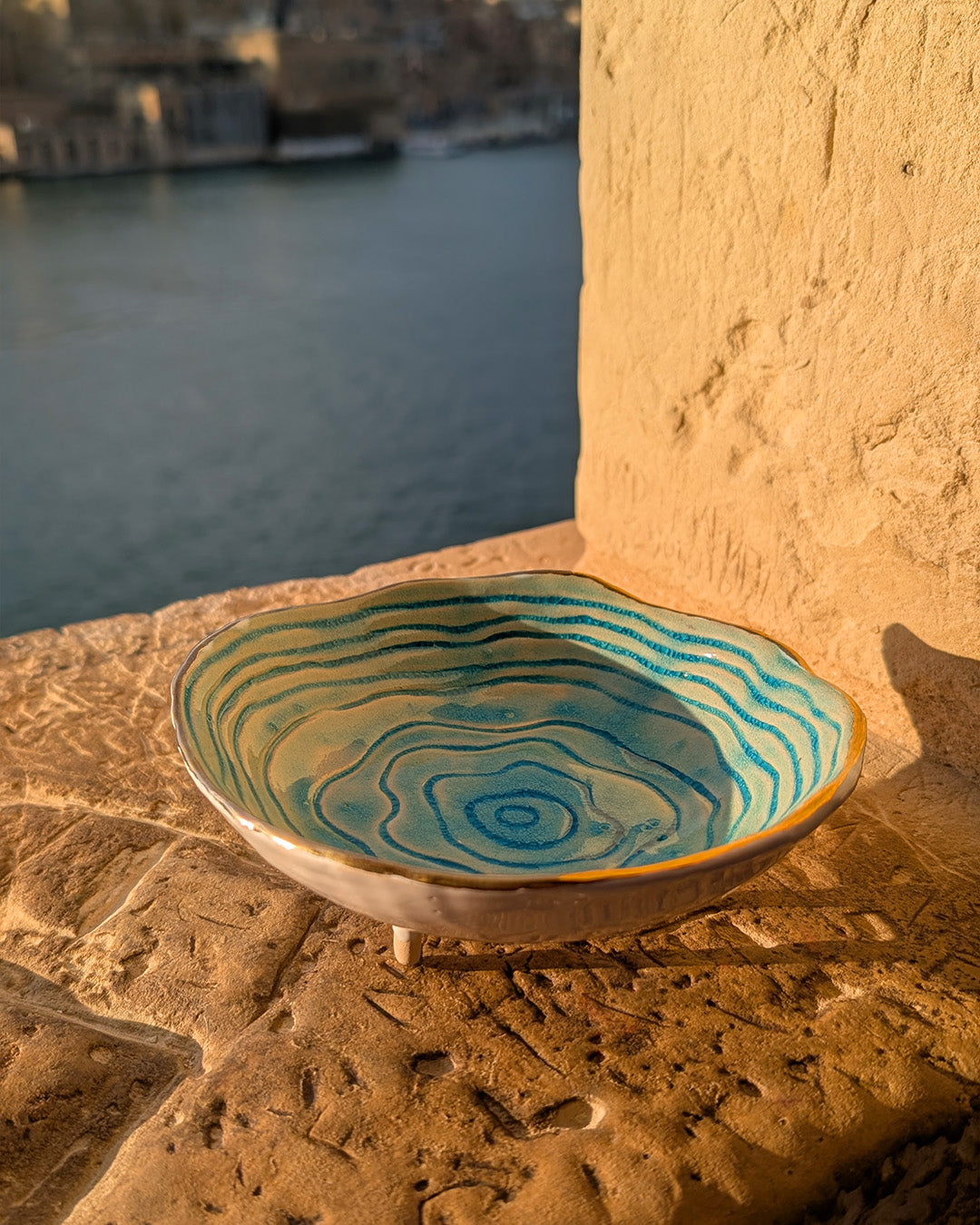 Handmade Ceramic Dish with Gold Luster on Three Legs